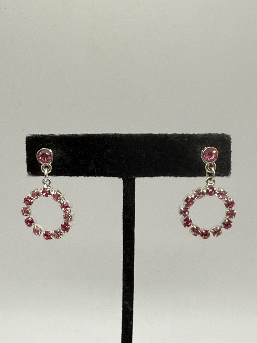 Vintage Silver Tone Pink Rhinestone Dangle Drop Statement Earrings